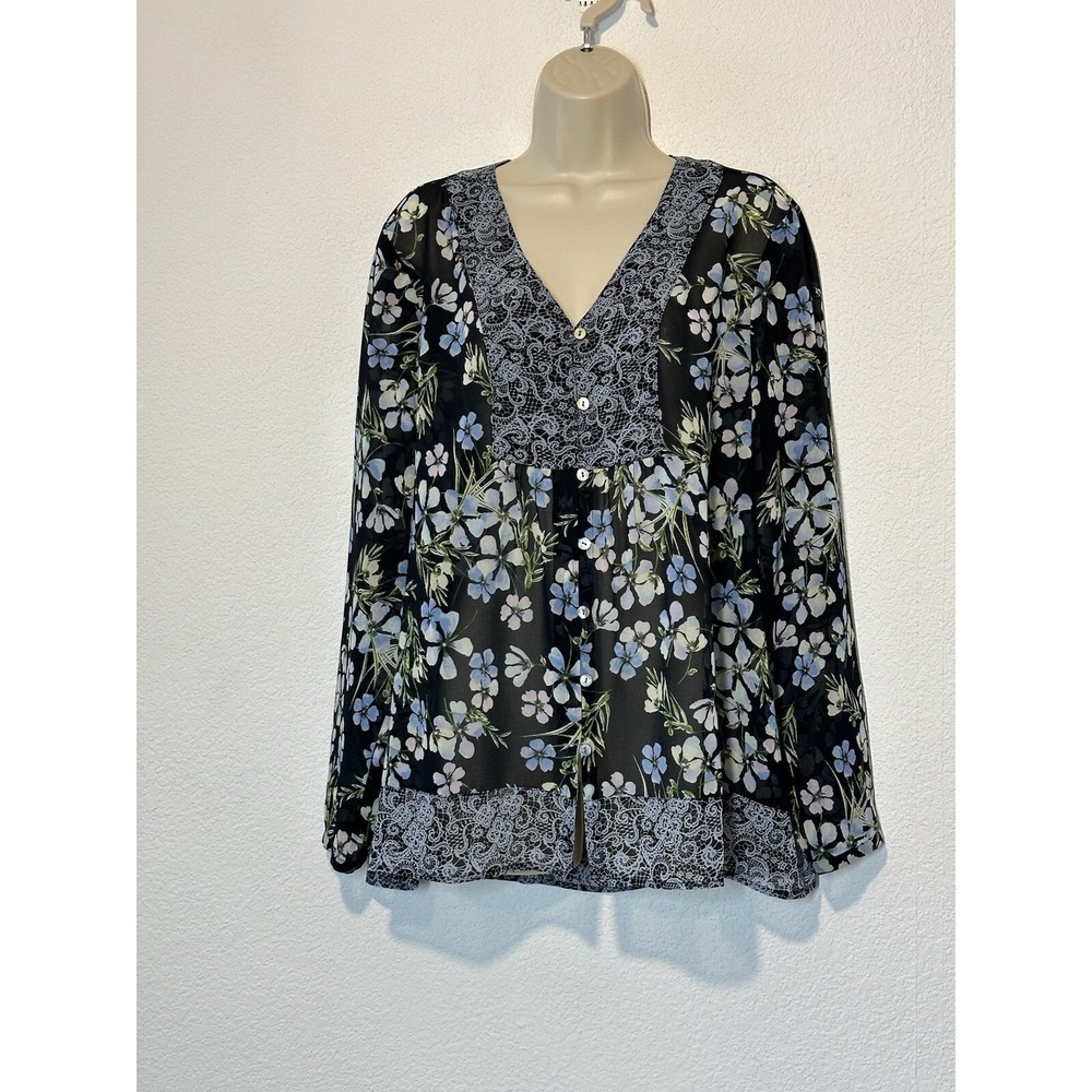 J. Jill Large Semi Sheer LS Blue‎ Floral Print Blouse Tunic Top Casual Boho